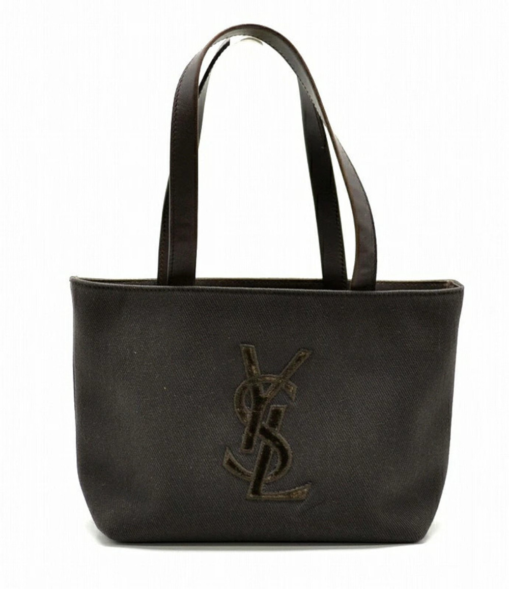 Saint Laurent Yves YSL Tote Bag Handbag Canvas Leather Velour Brown